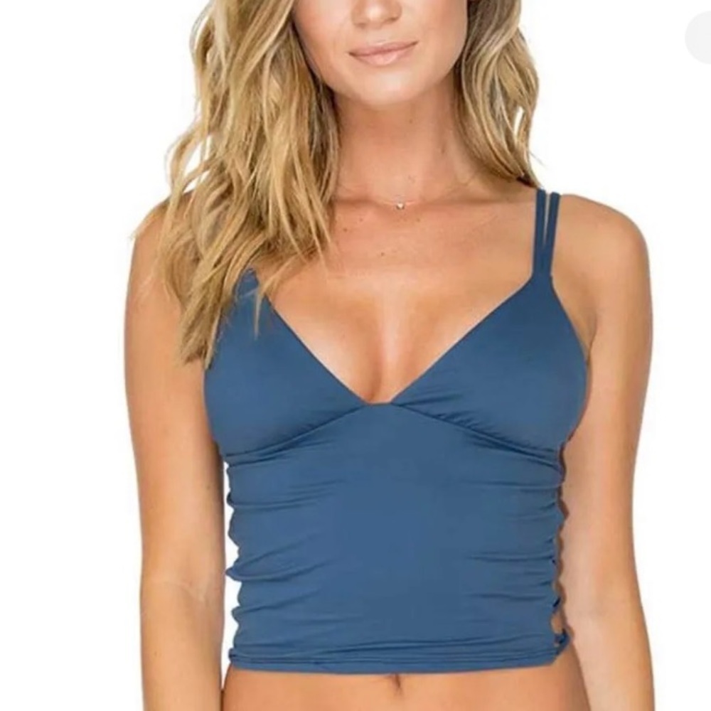 B Swim Strappy Seacross Side Crop Tankini Top Sz M Blue